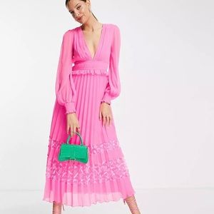 ASOS DESIGN Tall plunge pleated midi dress with lace insert hem in hot pink
